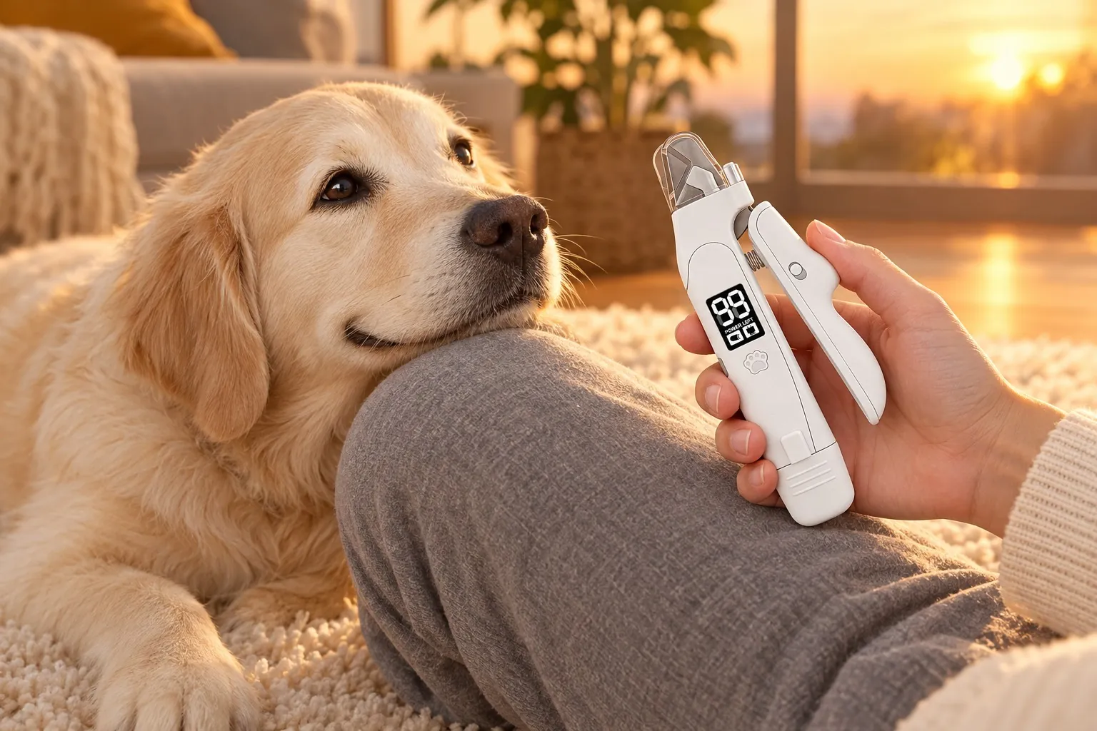 A content dog resting its head on its owner's knee next to Quicklight